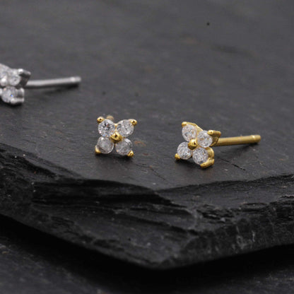 Very Tiny Hydrangea Flower Inspired Stud Earrings in Sterling Silver with Sparkly CZ Crystals, Simple and Minimalist