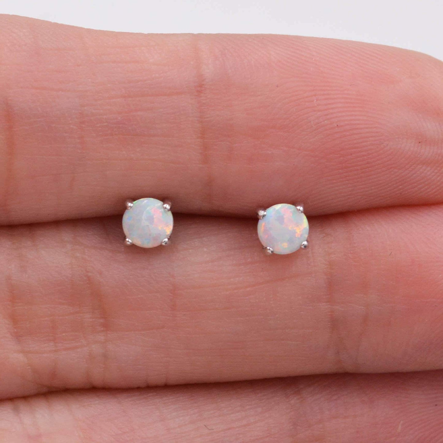 Minimalist Opal Stud Earrings in Sterling Silver, Simulated White or Blue Opal, Tiny Circle Dot Jewellery