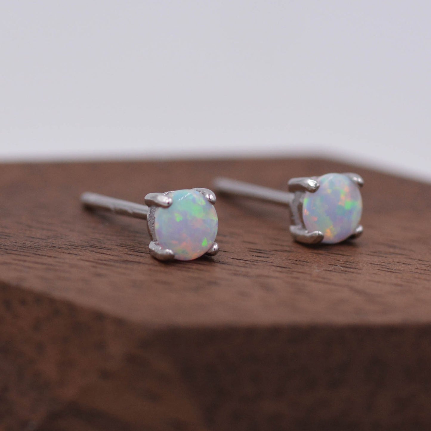 Minimalist Opal Stud Earrings in Sterling Silver, Simulated White Opal, Tiny Circle Dot Jewellery