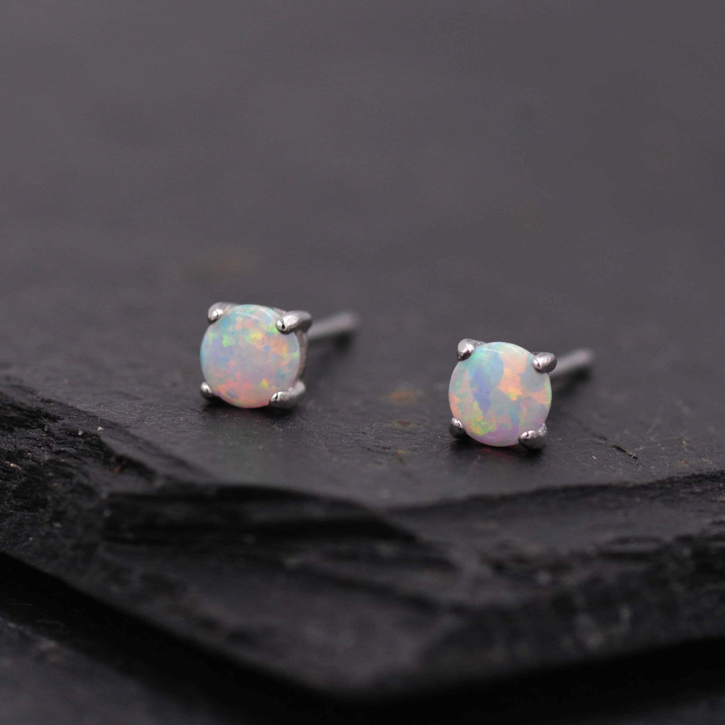 Minimalist Opal Stud Earrings in Sterling Silver, Simulated White or Blue Opal, Tiny Circle Dot Jewellery