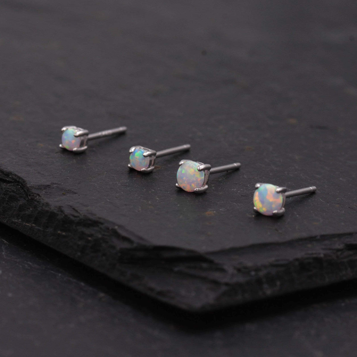 Minimalist Opal Stud Earrings in Sterling Silver, Simulated White Opal, Tiny Circle Dot Jewellery