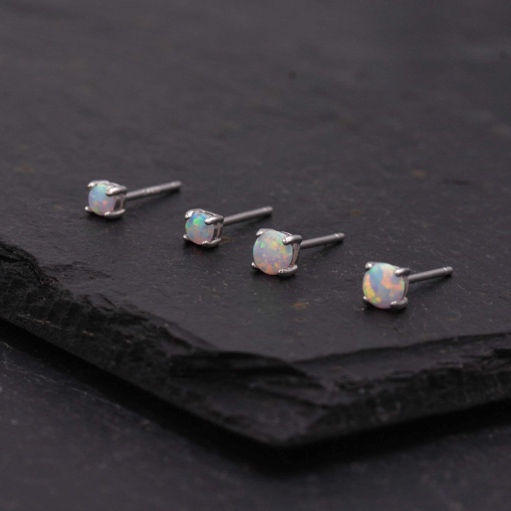 Minimalist Opal Stud Earrings in Sterling Silver, Simulated White Opal, Tiny Circle Dot Jewellery