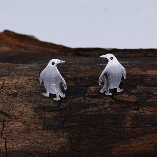 Super Cute Penguin Bird Stud Earrings in Sterling Silver - Fun Quirky and Whimsical Jewellery - Polished or Brushed Finish