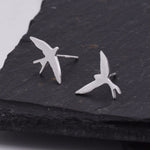 Sterling Silver Mismatched Asymmetric Swallow Bird Silhouette Stud Earrings - Textured Finish, Stacking Earrings -Fun, Whimsical and Pretty