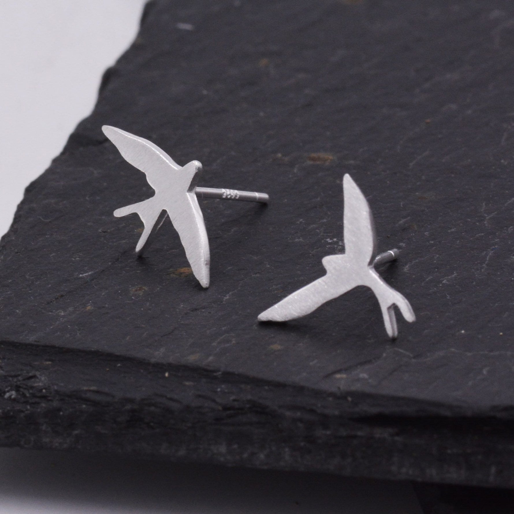 Sterling Silver Mismatched Asymmetric Swallow Bird Silhouette Stud Earrings - Textured Finish, Stacking Earrings -Fun, Whimsical and Pretty