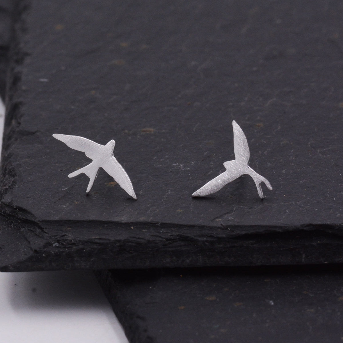Sterling Silver Mismatched Asymmetric Swallow Bird Silhouette Stud Earrings - Textured Finish, Stacking Earrings -Fun, Whimsical and Pretty
