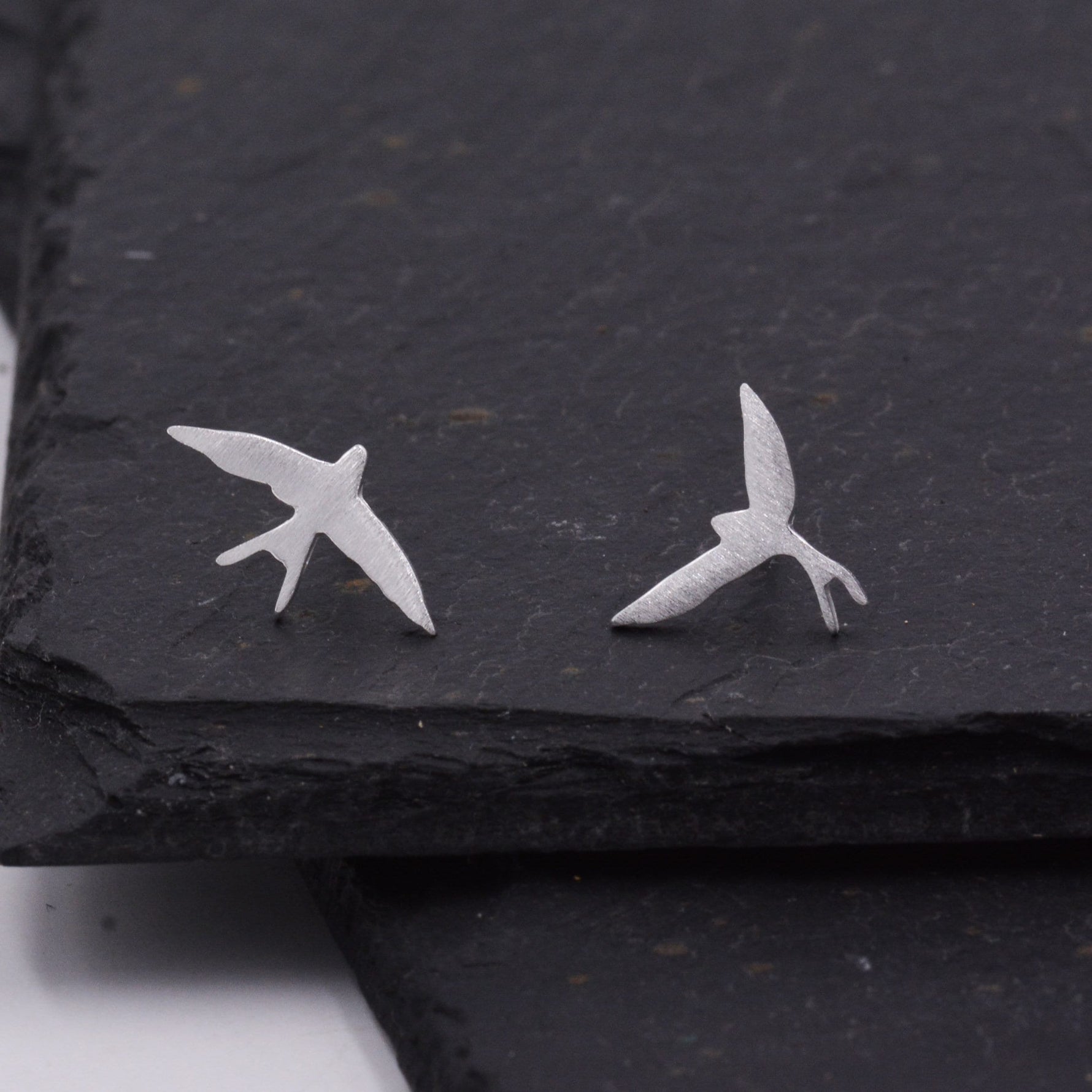 Sterling Silver Mismatched Asymmetric Swallow Bird Silhouette Stud Earrings - Textured Finish, Stacking Earrings -Fun, Whimsical and Pretty