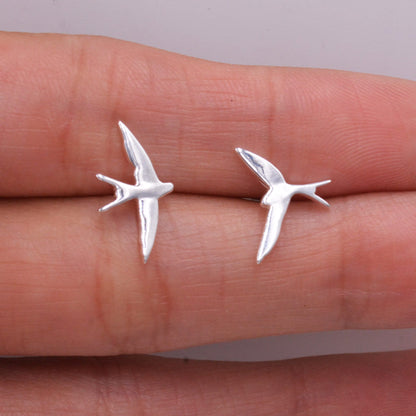 Sterling Silver Mismatched Asymmetric Swallow Bird Silhouette Stud Earrings -Silver or Gold or Rose Gold