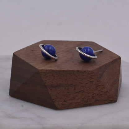 Sterling Silver 'Blue Planet' Saturn Planet Halo Stud Earrings with Lapis Lazuli Gemstone, Gold or Silver, Cute Fun Quirky Design
