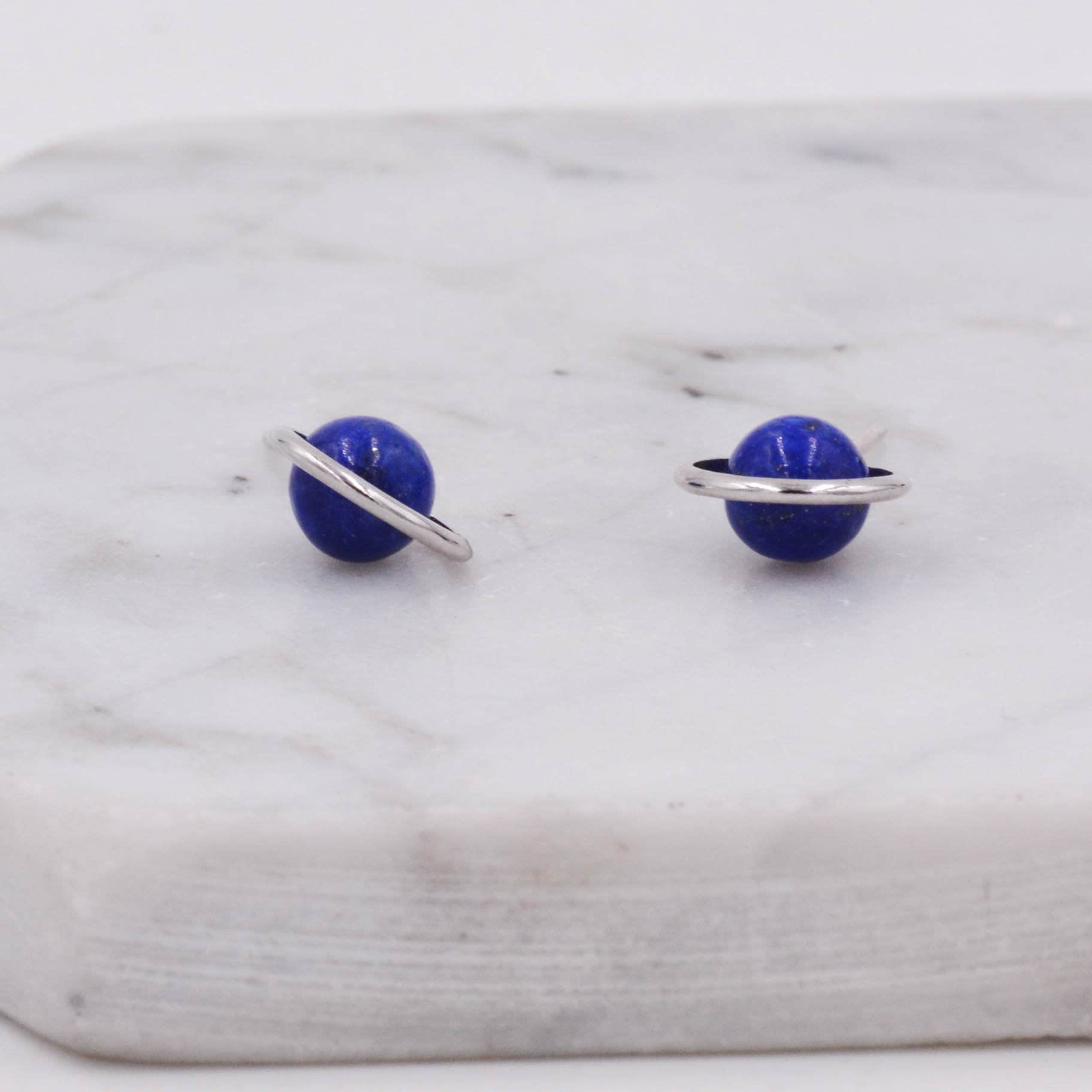 Sterling Silver 'Blue Planet' Saturn Planet Halo Stud Earrings with Lapis Lazuli Gemstone, Gold or Silver, Cute Fun Quirky Design