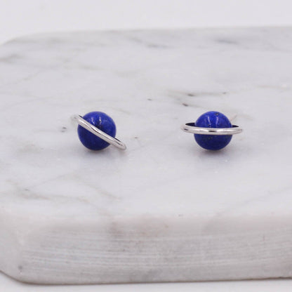 Sterling Silver 'Blue Planet' Saturn Planet Halo Stud Earrings with Lapis Lazuli Gemstone, Gold or Silver, Cute Fun Quirky Design