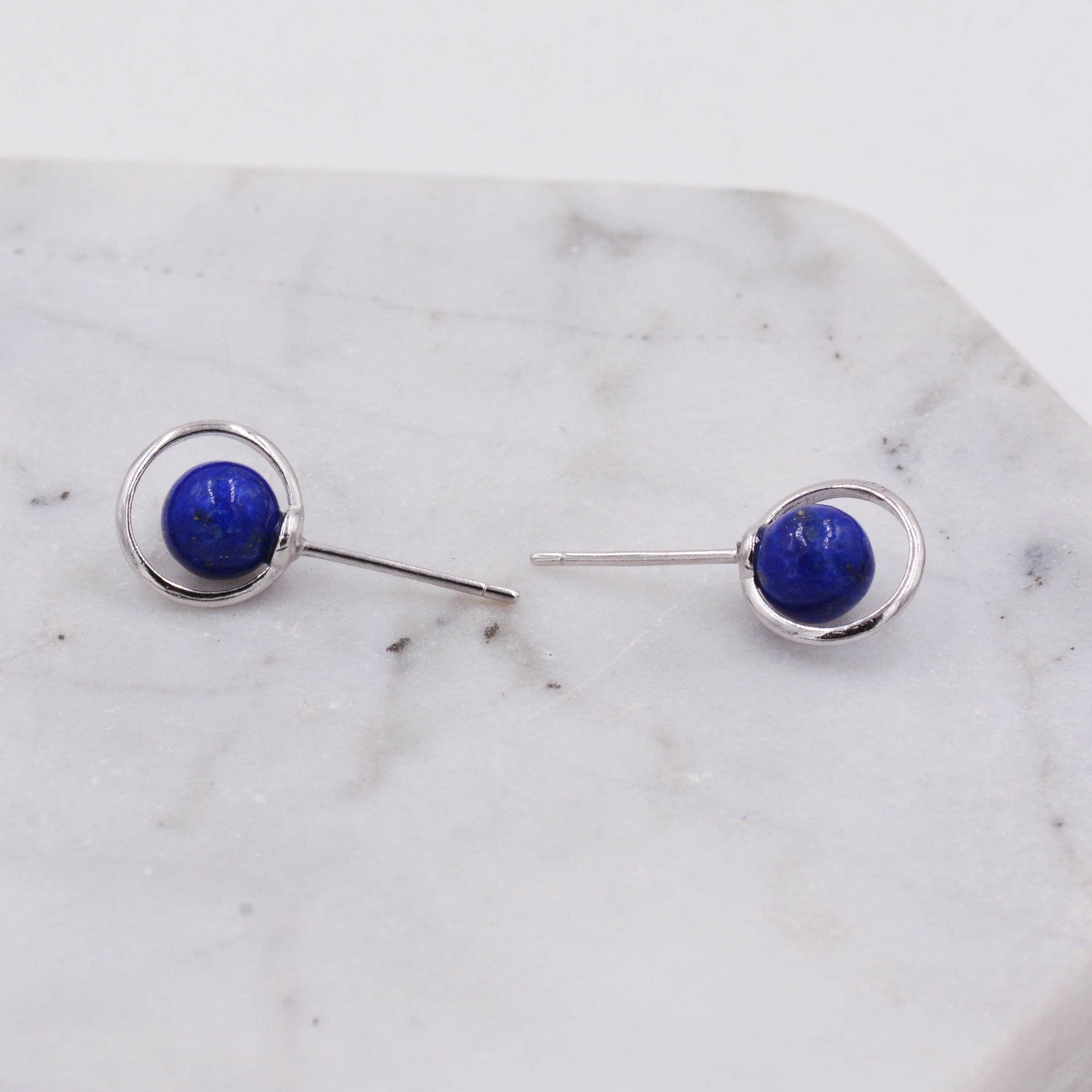 Sterling Silver 'Blue Planet' Saturn Planet Halo Stud Earrings with Lapis Lazuli Gemstone, Gold or Silver, Cute Fun Quirky Design