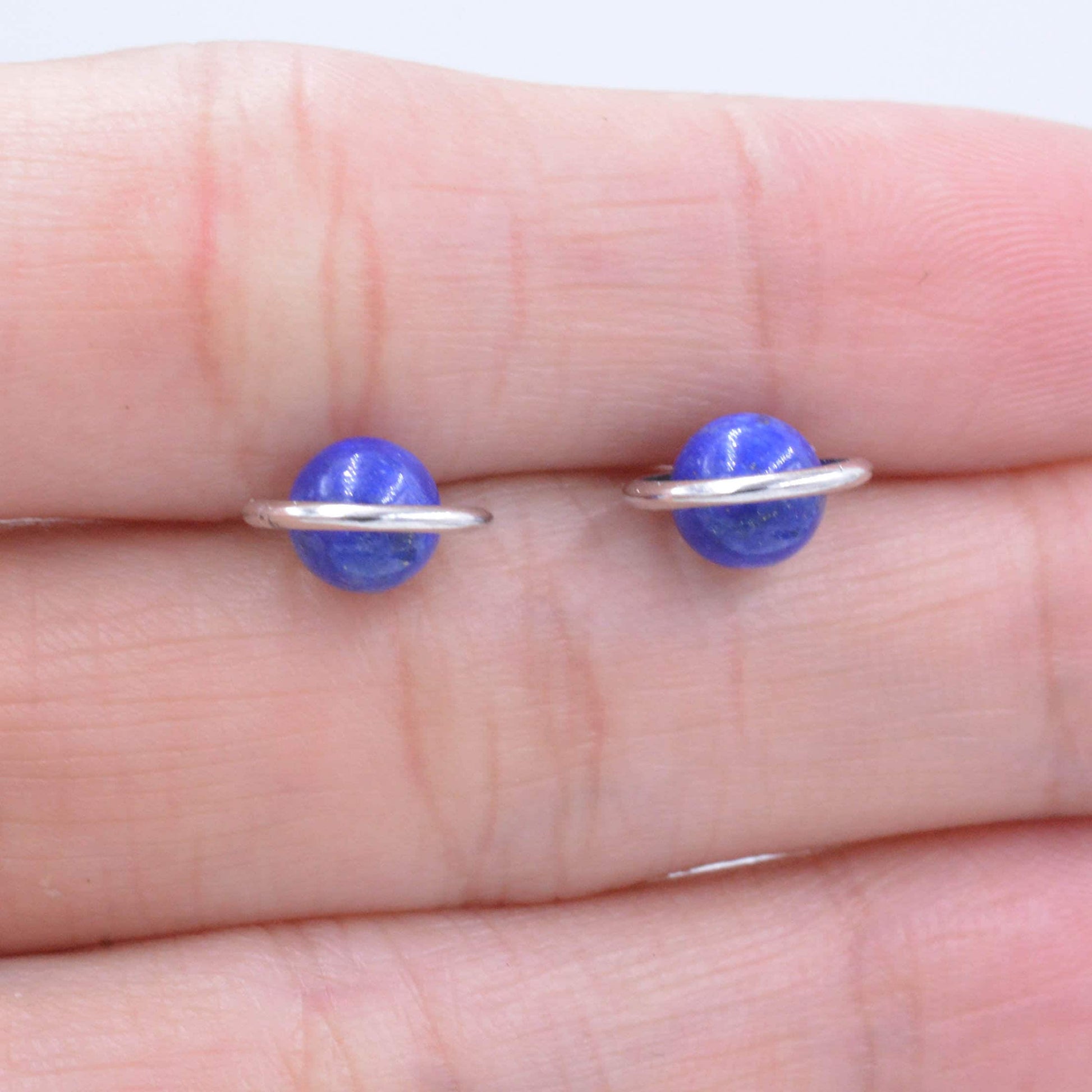Sterling Silver 'Blue Planet' Saturn Planet Halo Stud Earrings with Lapis Lazuli Gemstone, Gold or Silver, Cute Fun Quirky Design