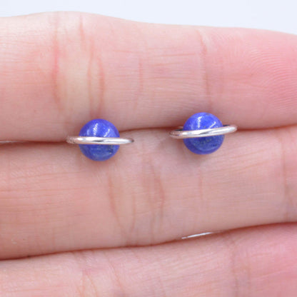 Sterling Silver 'Blue Planet' Saturn Planet Halo Stud Earrings with Lapis Lazuli Gemstone, Gold or Silver, Cute Fun Quirky Design