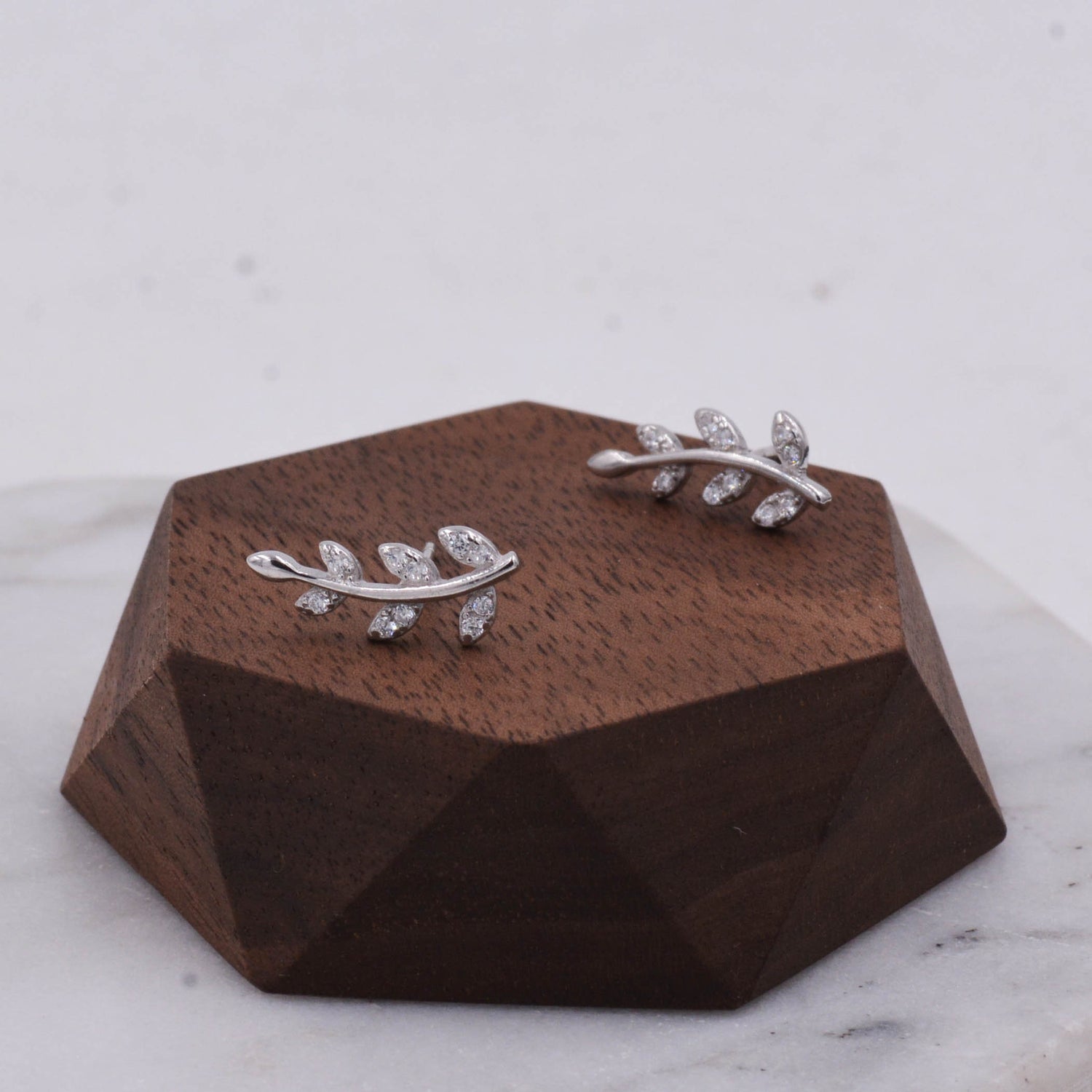 Sterling Silver  Sparkly CZ Crystal Paved Little Tree Branch Leaf Stud Earrings, Post Earrings