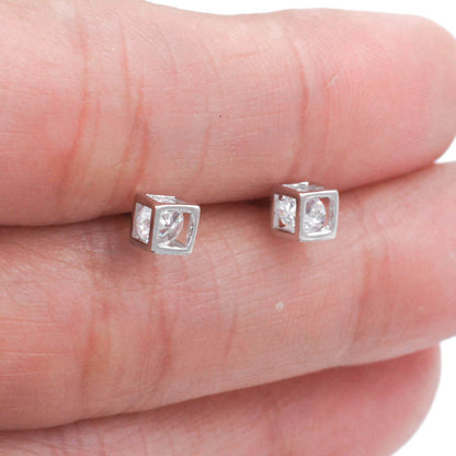 Sterling Silver &#39;&#39;Caged Diamond&#39;&#39; Cube Square Stud Earrings with a Brilliant Cut CZ Stone