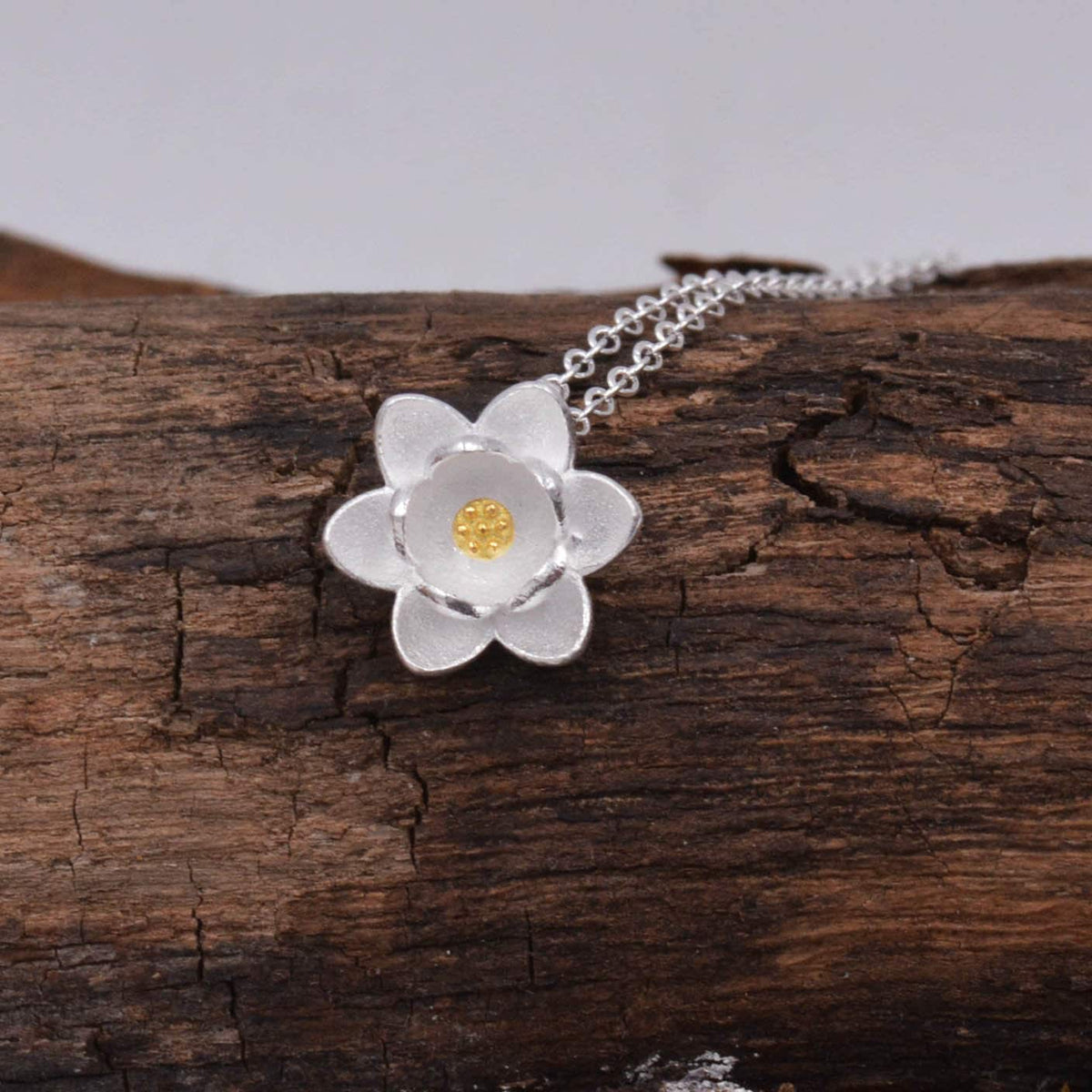 Sterling Silver Water lily Lotus Flower Blossom Pendant Necklace with Partial 18ct Gold Plating, Sweet Cute Pretty Jewellery