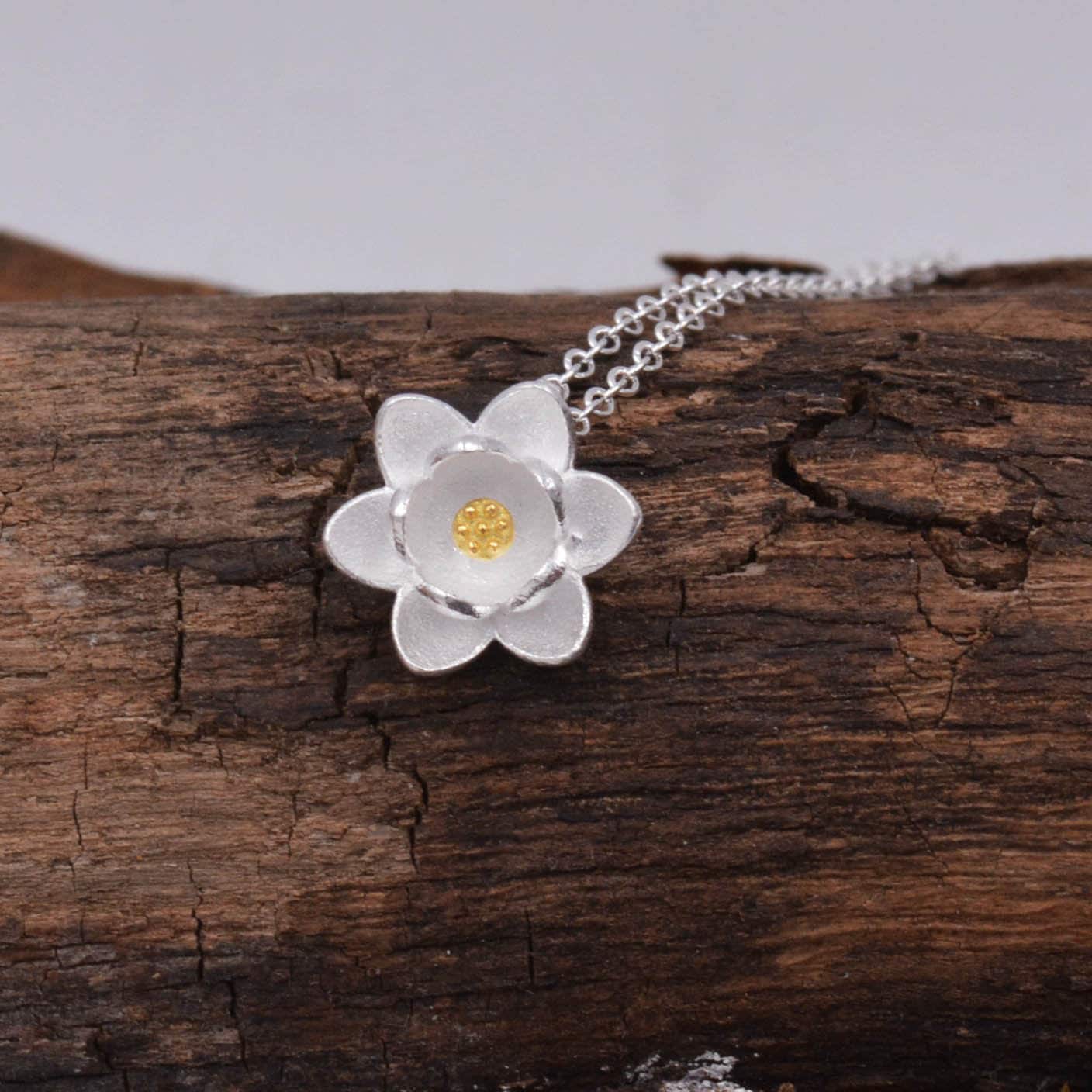 Sterling Silver Water lily Lotus Flower Blossom Pendant Necklace with Partial 18ct Gold Plating, Sweet Cute Pretty Jewellery