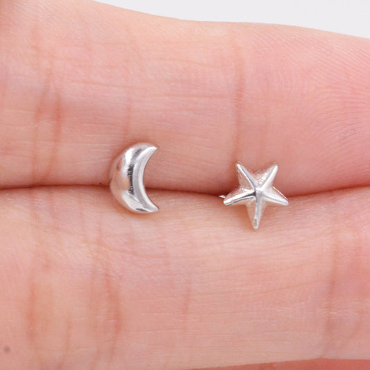 Sterling Silver Tiny Mismatched Asymmetric Moon and Star Stud Earrings, Celestial, Cute Fun Dainty Quirky Jewellery