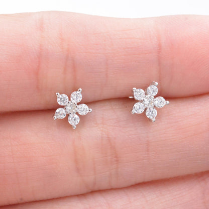 Very Sparkly Forget-me-not Flower Dainty Stud Earrings in Sterling Silver with CZ Crystals, Nature Inspired Design, Delicate and Pretty