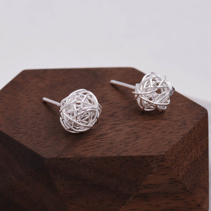 Sterling Silver Yarn ball Tumbleweed Wire Ball Stud Earrings - - Wire Wrap - Hand Woven from Sterling Silver Wire, Minimalist  Design