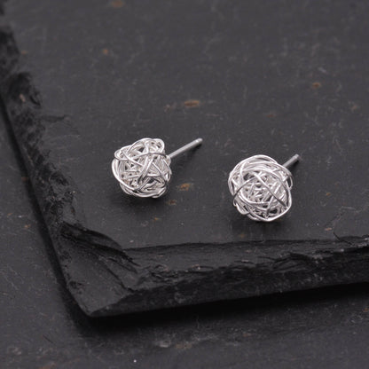 Sterling Silver Yarn ball Tumbleweed Wire Ball Stud Earrings - - Wire Wrap - Hand Woven from Sterling Silver Wire, Minimalist  Design