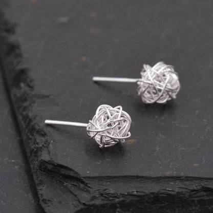 Sterling Silver Yarn ball Tumbleweed Wire Ball Stud Earrings - - Wire Wrap - Hand Woven from Sterling Silver Wire, Minimalist  Design