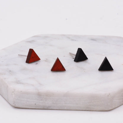 Real Wood Triangle Geometry Stud Earrings with Sterling Silver Posts, Minimalist Geometric Design, Red and Black