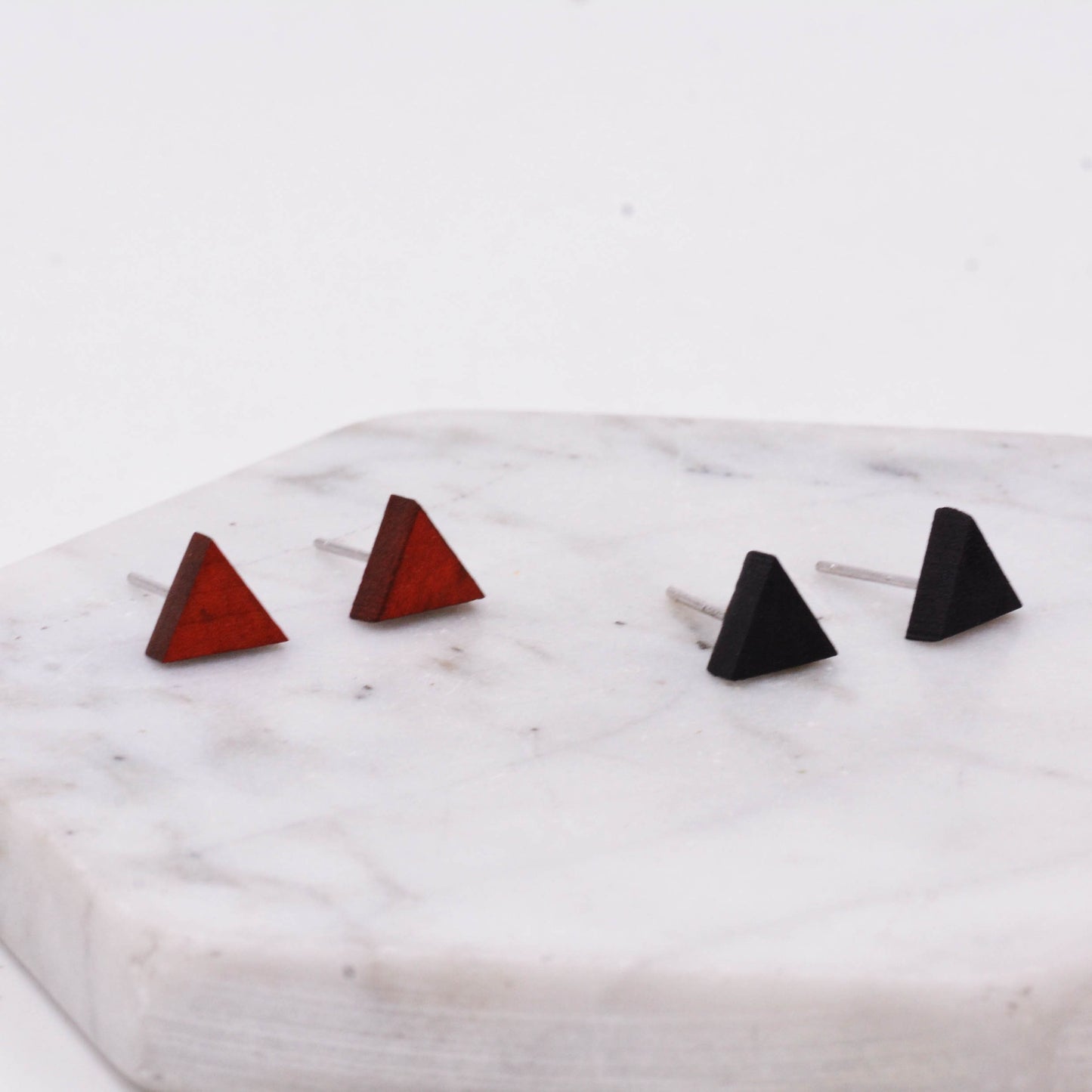 Real Wood Triangle Geometry Stud Earrings with Sterling Silver Posts, Minimalist Geometric Design, Red and Black