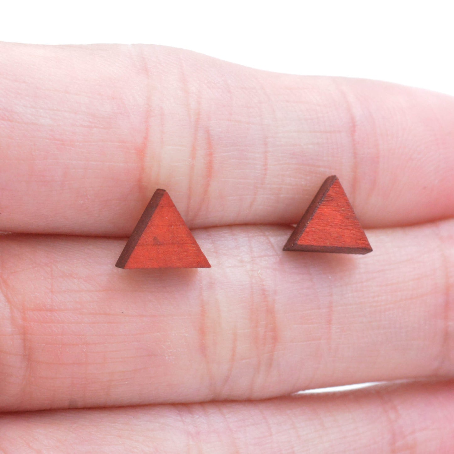 Real Wood Triangle Geometry Stud Earrings with Sterling Silver Posts, Minimalist Geometric Design, Red and Black