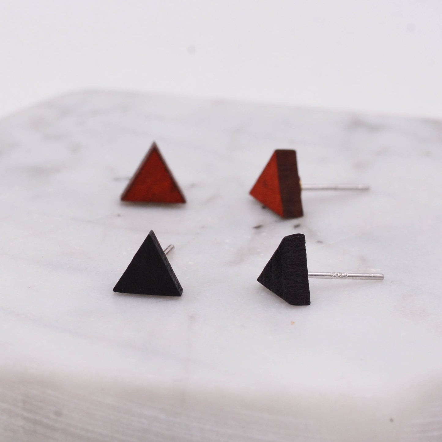 Real Wood Triangle Geometry Stud Earrings with Sterling Silver Posts, Minimalist Geometric Design, Red and Black