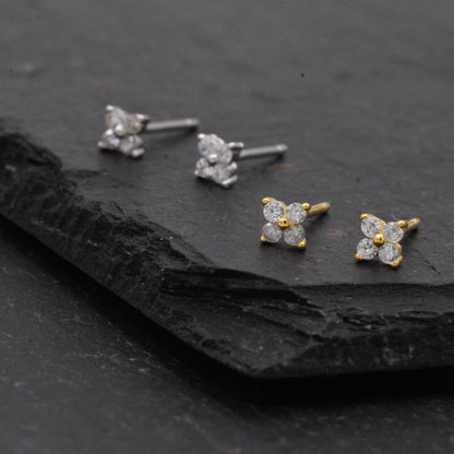 Very Tiny Hydrangea Flower Inspired Stud Earrings in Sterling Silver with Sparkly CZ Crystals, Simple and Minimalist