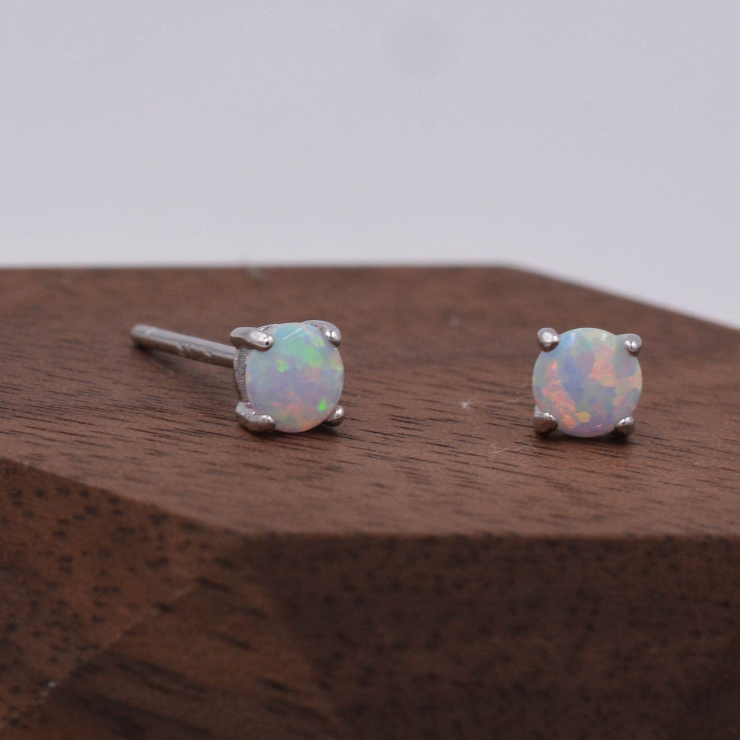 Minimalist Opal Stud Earrings in Sterling Silver, Simulated White Opal, Tiny Circle Dot Jewellery