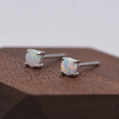 Minimalist Opal Stud Earrings in Sterling Silver, Simulated White Opal, Tiny Circle Dot Jewellery