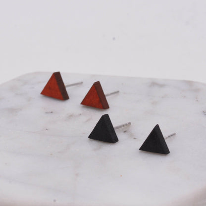 Real Wood Triangle Geometry Stud Earrings with Sterling Silver Posts, Minimalist Geometric Design, Red and Black