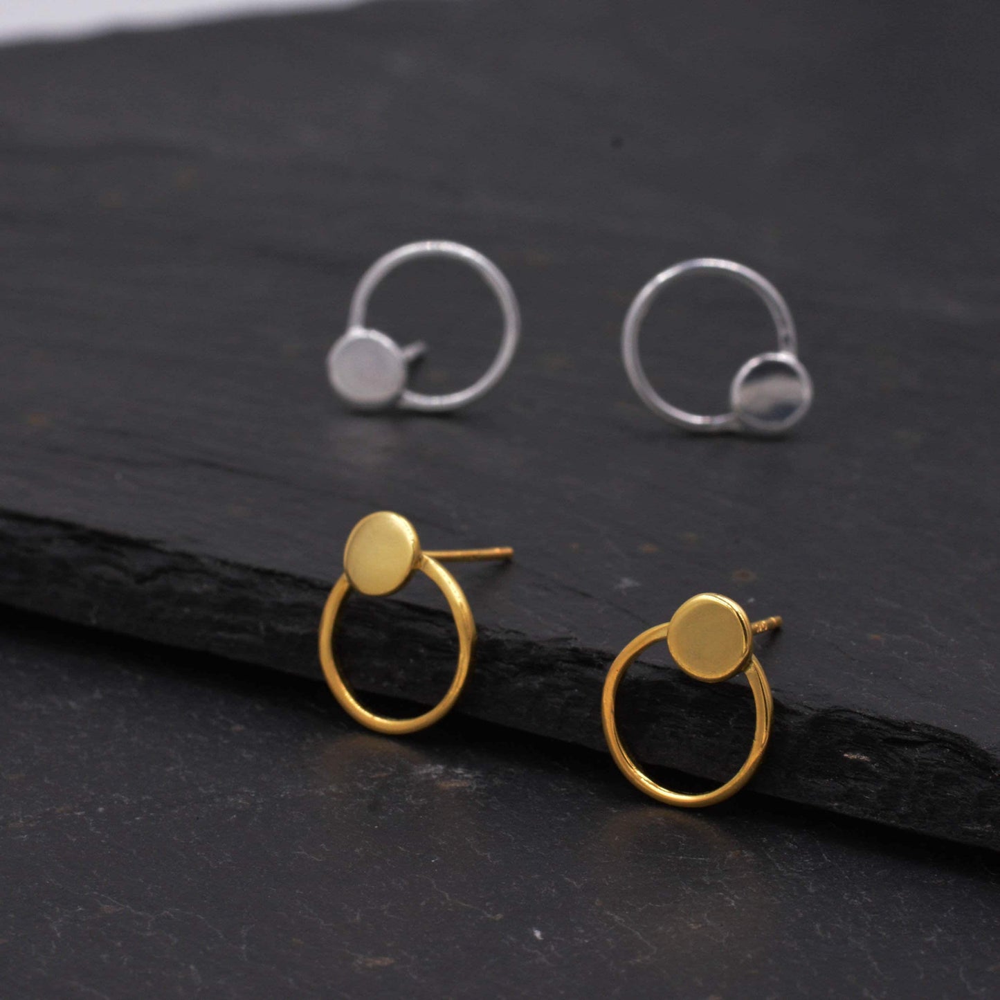 Minimalist Circle and Dot Geometric Stud Earrings in Sterling Silver, Silver or Gold, Modern and Contemporary Jewellery