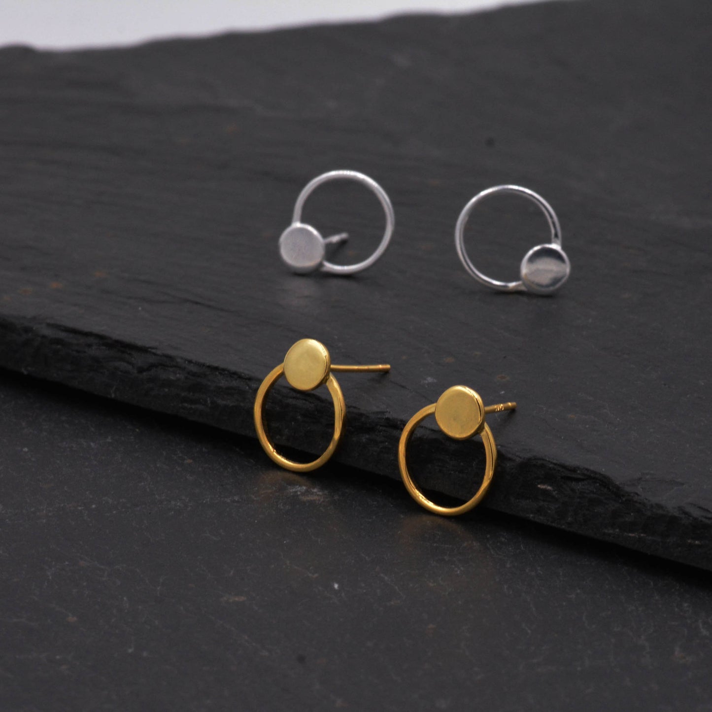 Minimalist Circle and Dot Geometric Stud Earrings in Sterling Silver, Silver or Gold, Modern and Contemporary Jewellery