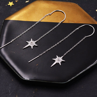 Beautiful Starburst Star Ear Threader Earrings, Silver, Gold or Rose Gold, Ear Wire in Sterling Silver, U shaped Dangle Threaders