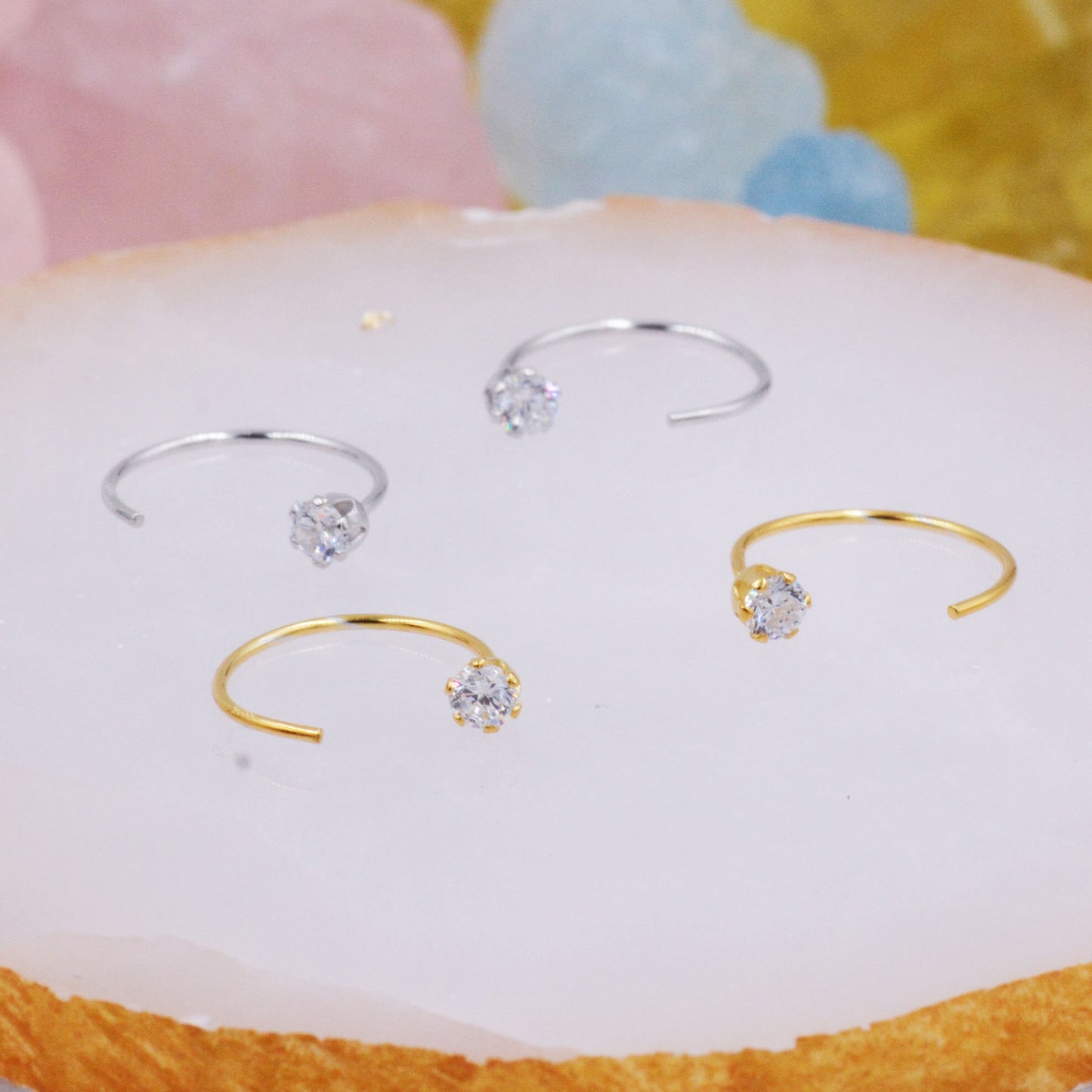 Minimalist Huggie Hoops in Sterling Silver with Sparkly CZ crystals, Geometric Circle Earrings