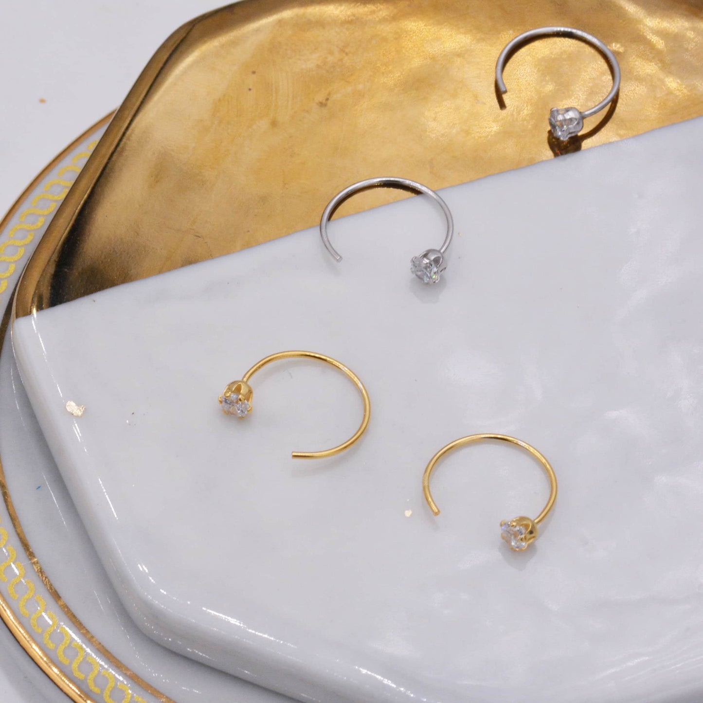 Minimalist Huggie Hoops in Sterling Silver with Sparkly CZ crystals, Geometric Circle Earrings