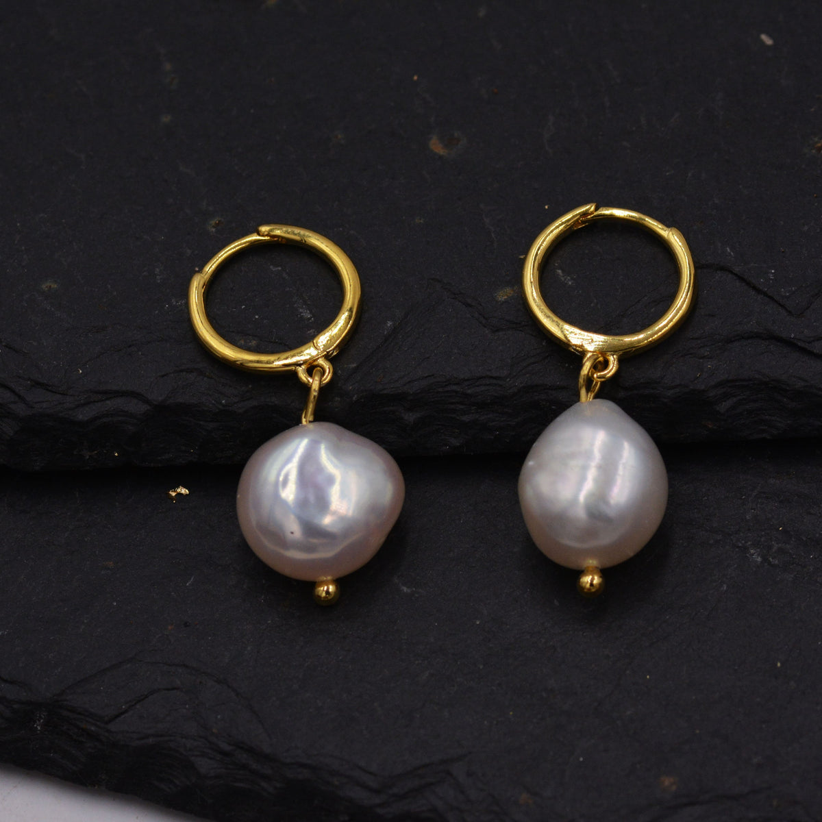 Sterling Silver Baroque Pearl Huggie Hoop Earrings, Drop Earrings with 18ct Gold Plate, Genuine Freshwater Pearls, Irregular Pearls J32