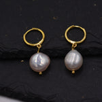 Sterling Silver Baroque Pearl Huggie Hoop Earrings, Drop Earrings with 18ct Gold Plate, Genuine Freshwater Pearls, Irregular Pearls J32