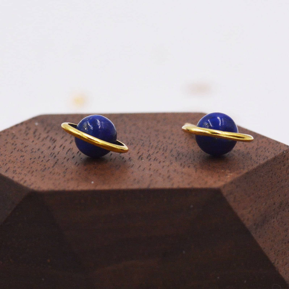 Sterling Silver 'Blue Planet' Saturn Planet Halo Stud Earrings with Lapis Lazuli Gemstone, Gold or Silver, Cute Fun Quirky Design
