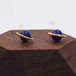 Sterling Silver 'Blue Planet' Saturn Planet Halo Stud Earrings with Lapis Lazuli Gemstone, Gold or Silver, Cute Fun Quirky Design