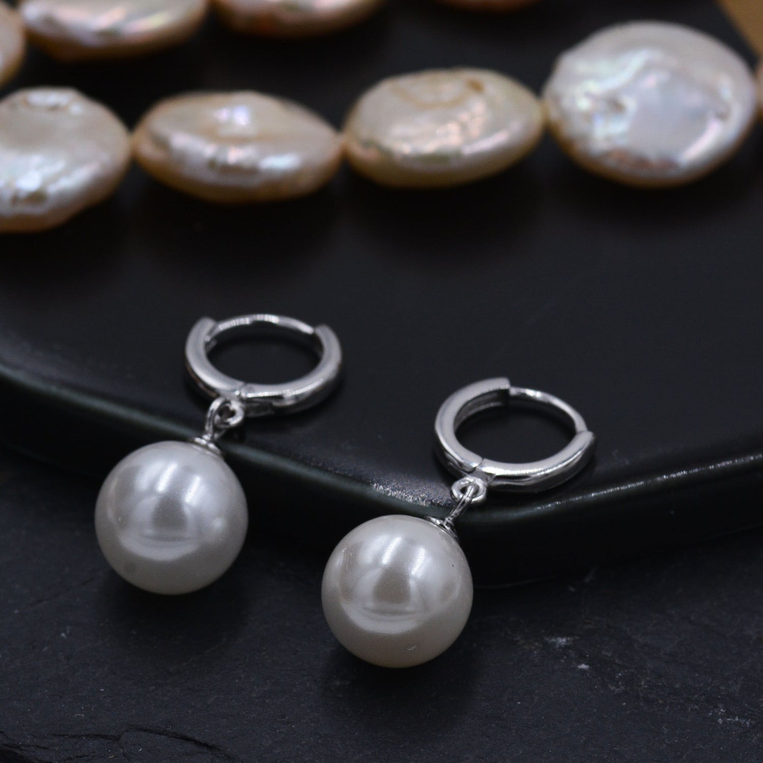 Sterling Silver Dangling Pearl Huggie Hoop Earrings, Drop Earrings with large Pearls, Mother of Pearl Beads, Simulated Pearls