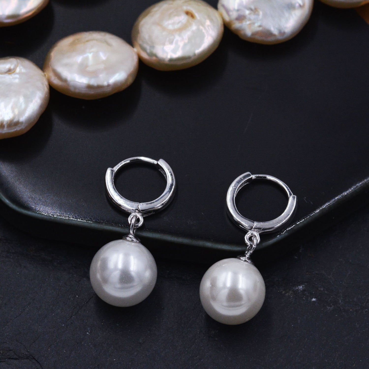 Sterling Silver Dangling Pearl Huggie Hoop Earrings, Drop Earrings with large Pearls, Mother of Pearl Beads, Simulated Pearls