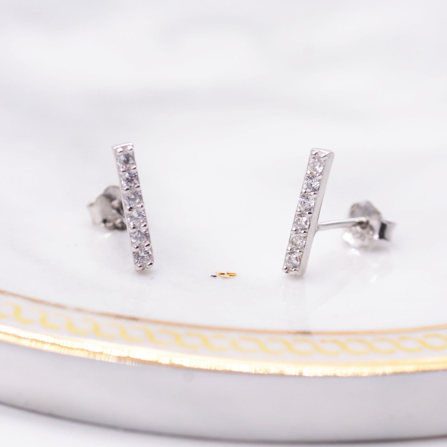 Sterling Silver CZ Crystal Bar Stud Earrings, Simple Geometric Minimalist Jewellery by SilverRainSilver E26