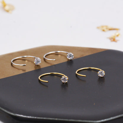 Minimalist Huggie Hoops in Sterling Silver with Sparkly CZ crystals, Geometric Circle Earrings