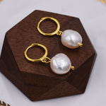 Sterling Silver Baroque Pearl Huggie Hoop Earrings, Drop Earrings with 18ct Gold Plate, Genuine Freshwater Pearls, Irregular Pearls J32