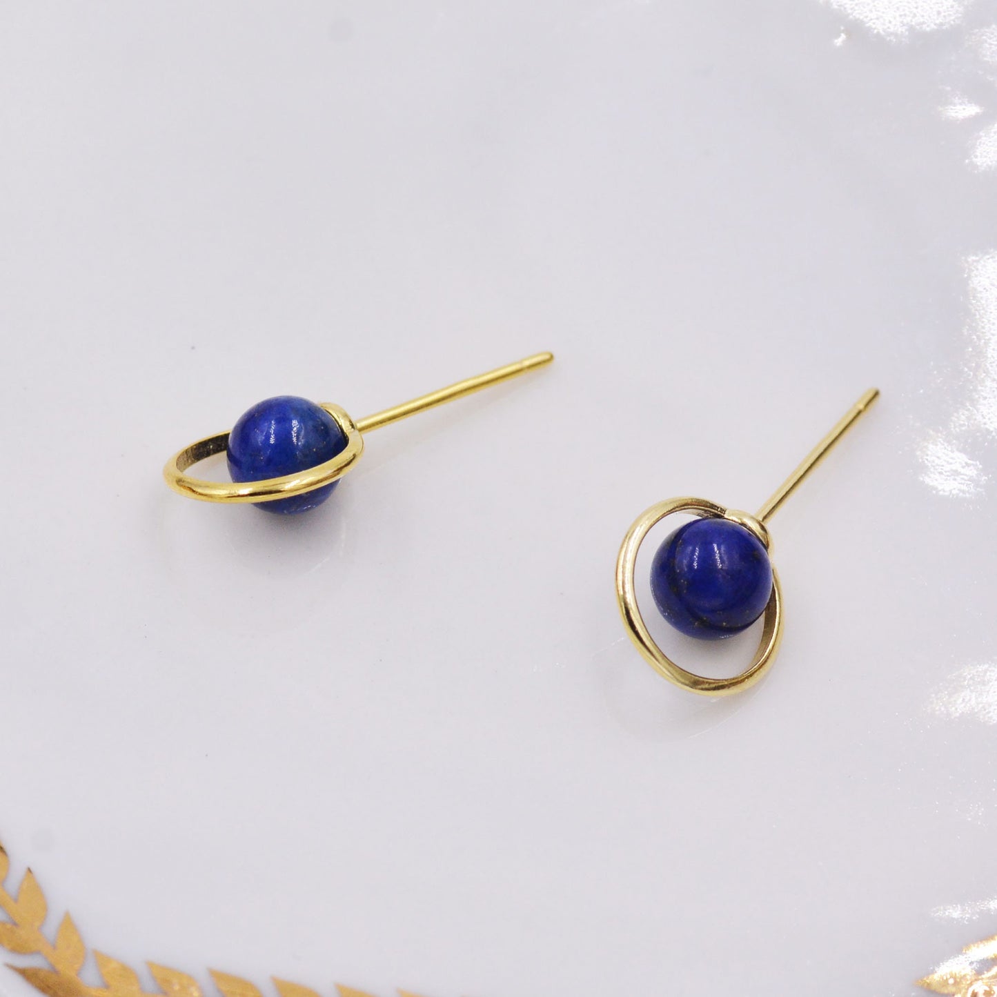 Sterling Silver 'Blue Planet' Saturn Planet Halo Stud Earrings with Lapis Lazuli Gemstone, Gold or Silver, Cute Fun Quirky Design